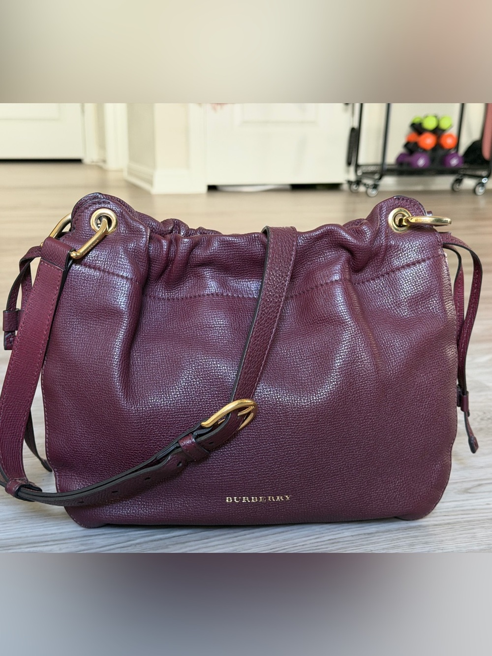 Burgundy Leather House Check Canvas Small Bingley Bucket Bag